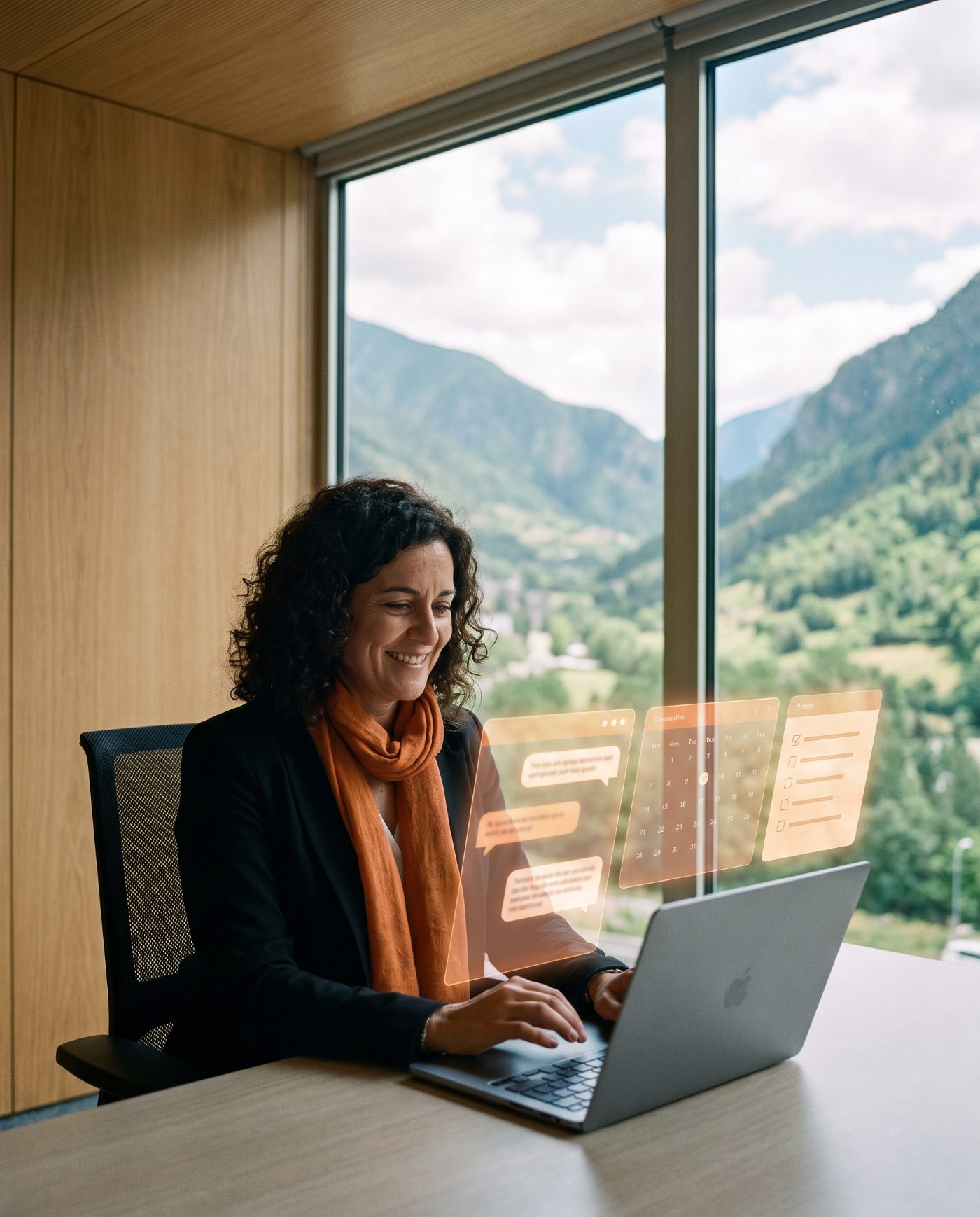 Empresa usando un agente de IA con hologramas naranjas de chat, agenda y tareas, con vistas a los Pirineos de Andorra