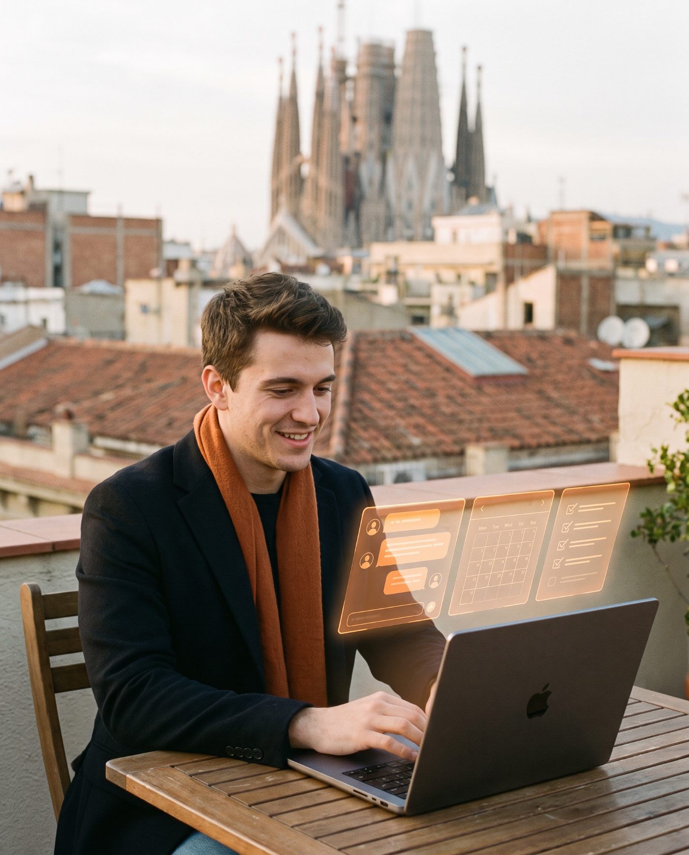 Empresa usando un agente de IA con hologramas naranjas de chat, agenda y tareas, con vistas a la Sagrada Familia de Barcelona