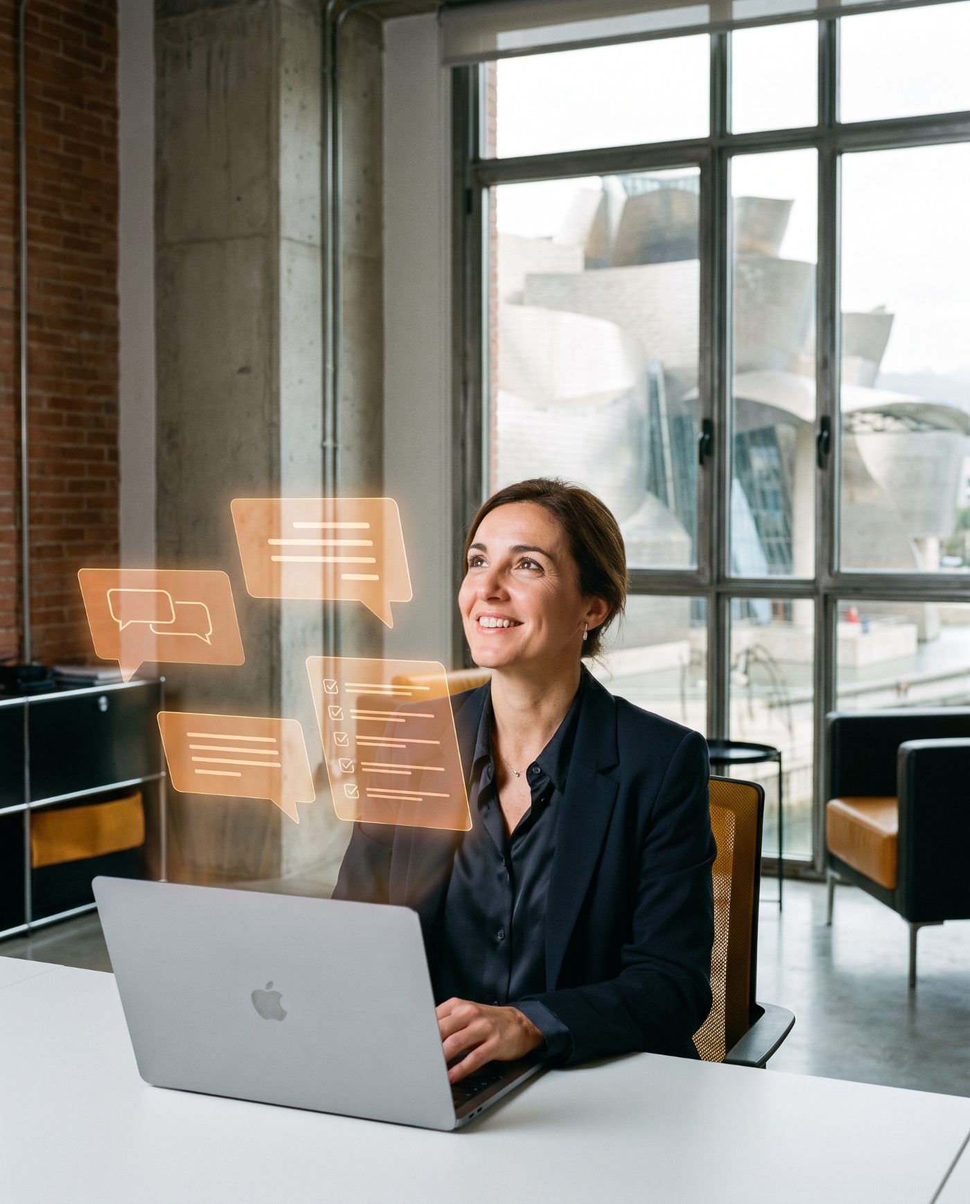 Empresa usando un agente de IA con hologramas naranjas de chat, agenda y tareas, con vistas a el Guggenheim de Bilbao