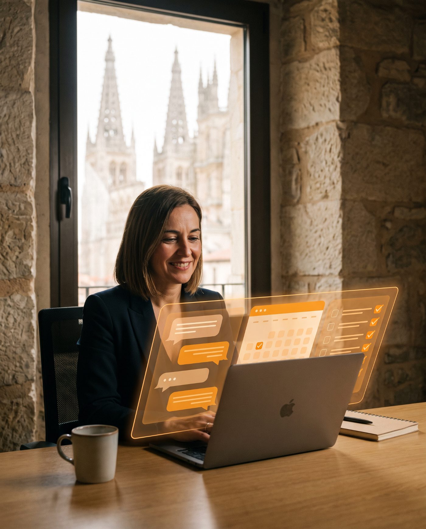 Empresa usando un agente de IA con hologramas naranjas de chat, agenda y tareas, con vistas a la catedral de Burgos