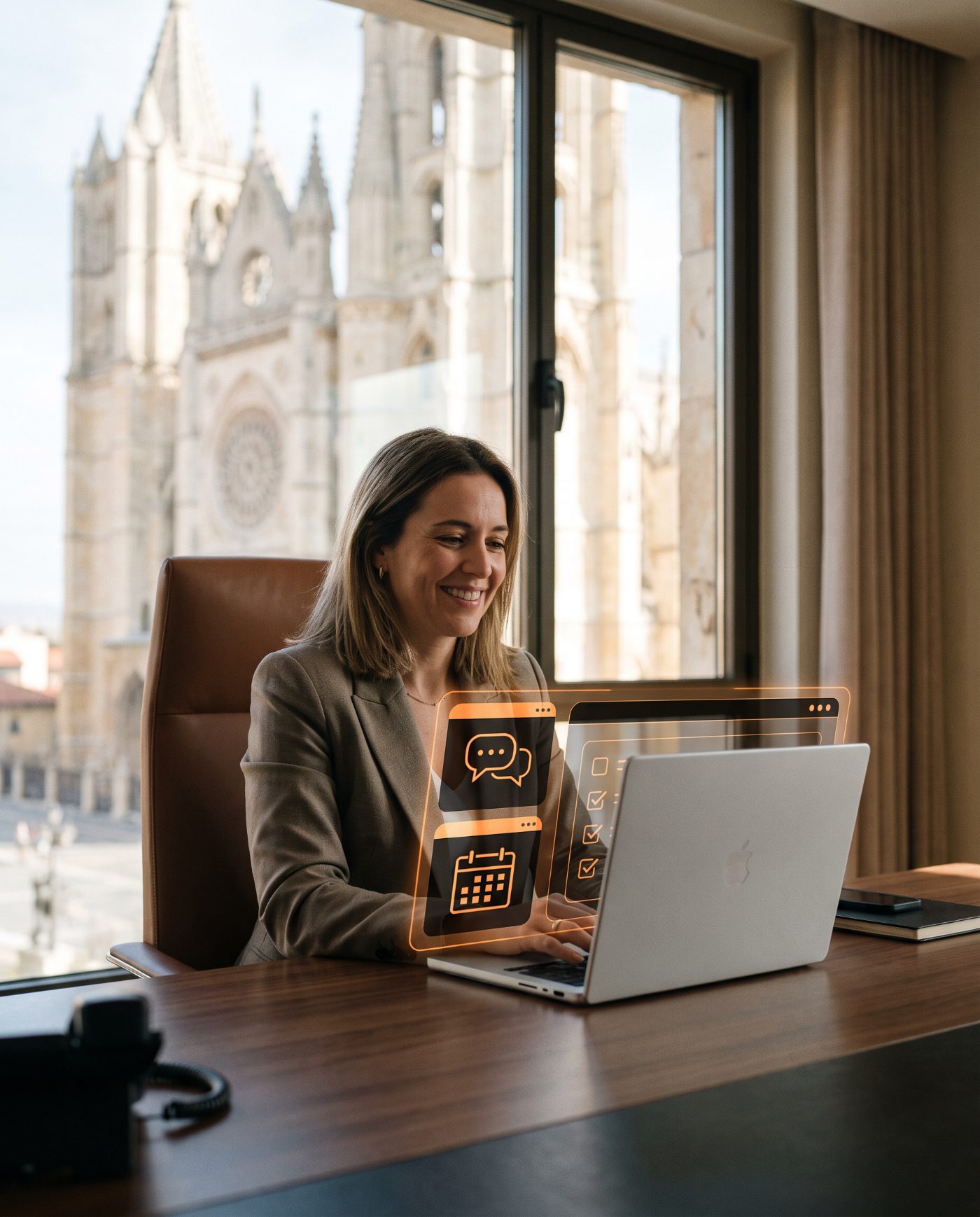Empresa usando un agente de IA con hologramas naranjas de chat, agenda y tareas, con vistas a la catedral de León