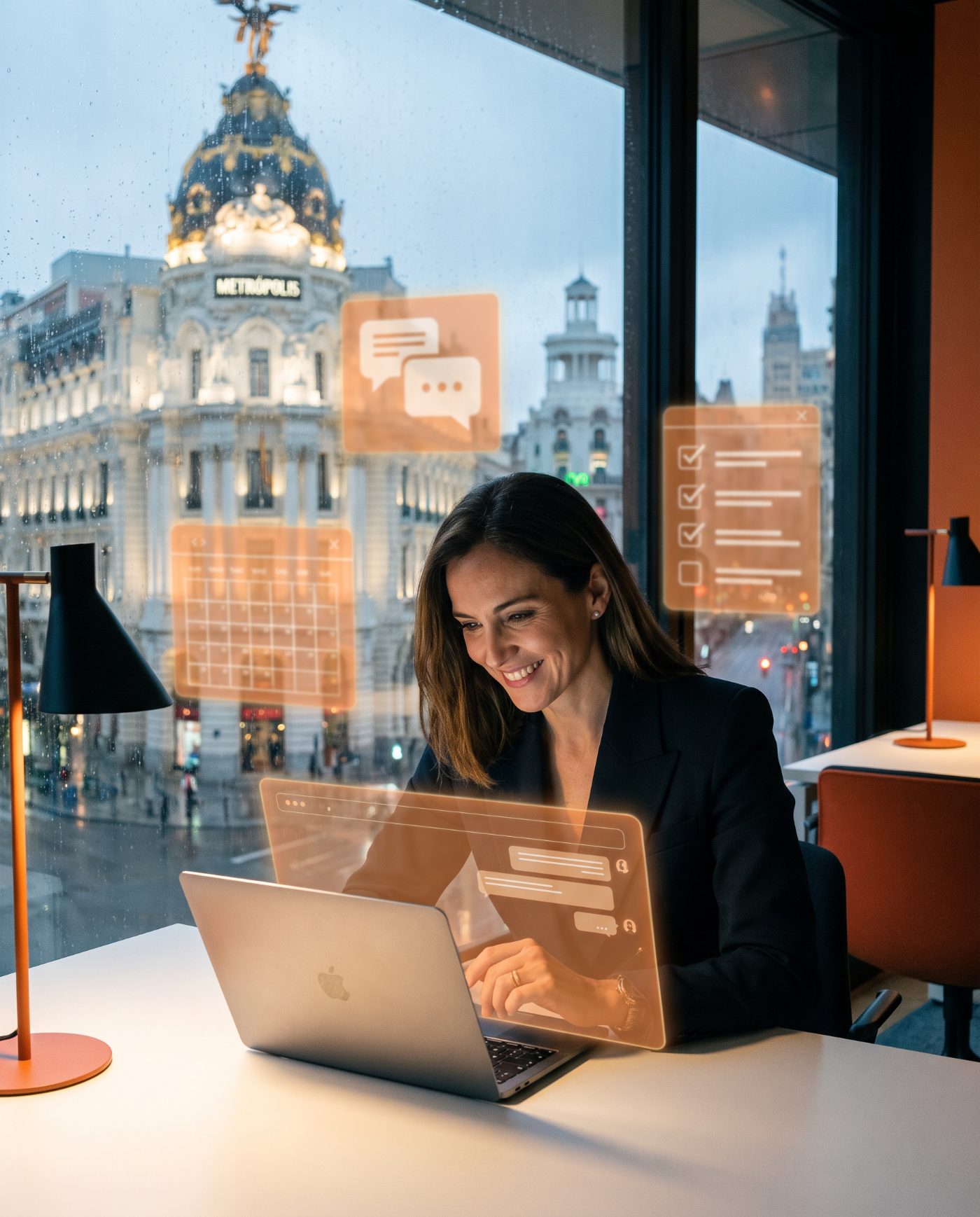 Empresa usando un agente de IA con hologramas naranjas de chat, agenda y tareas, con vistas a la Gran Vía de Madrid
