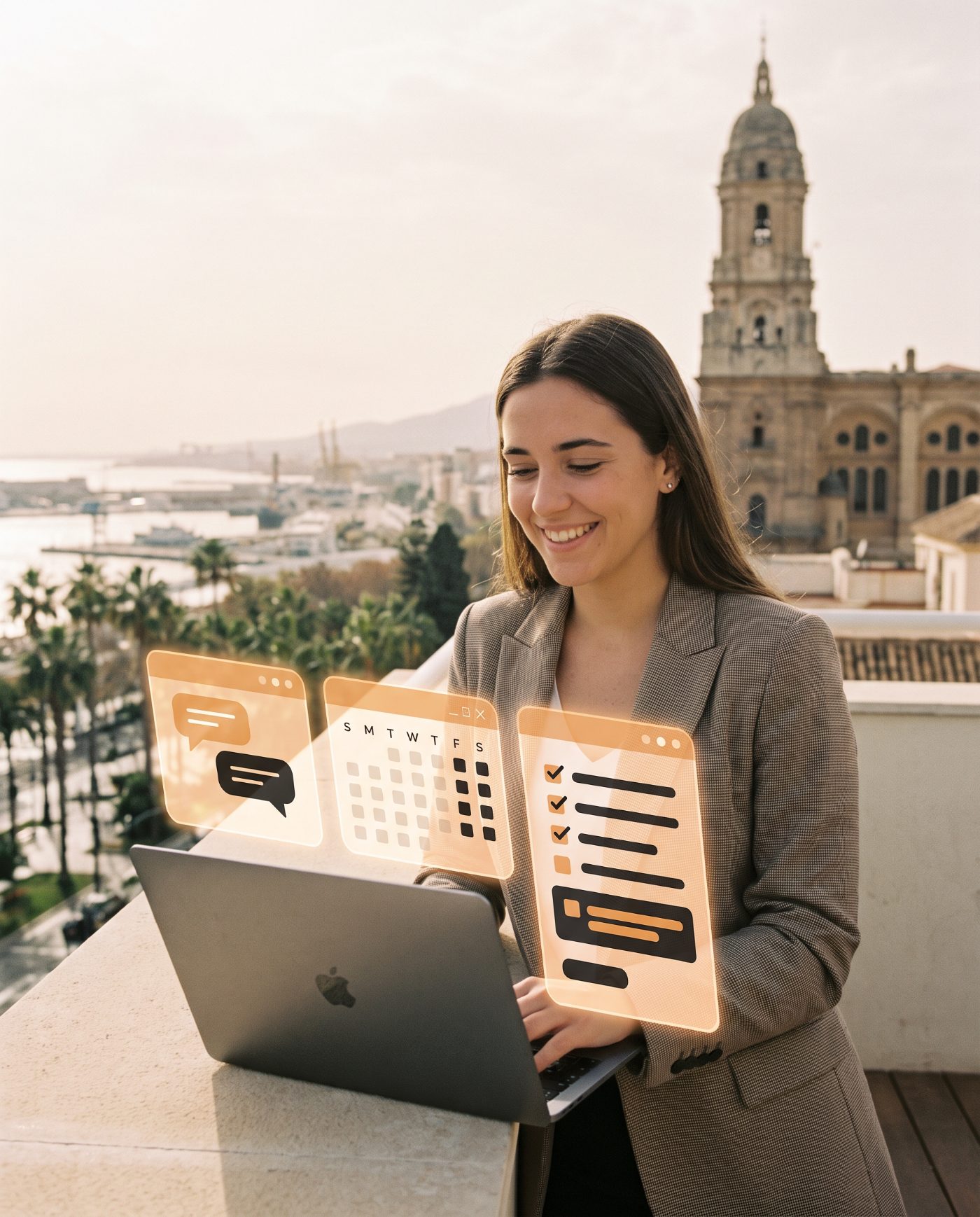 Empresa usando un agente de IA con hologramas naranjas de chat, agenda y tareas, con vistas a la catedral y el puerto de Málaga