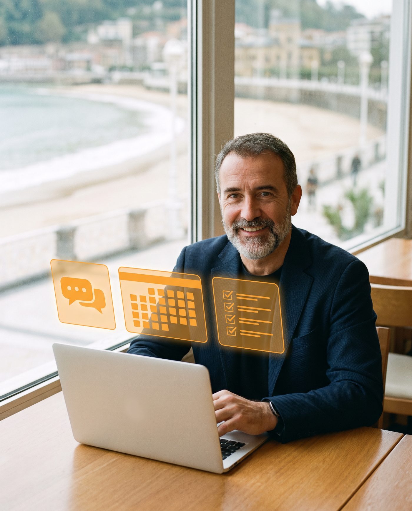 Empresa usando un agente de IA con hologramas naranjas de chat, agenda y tareas, con vistas a la bahía de La Concha en San Sebastián