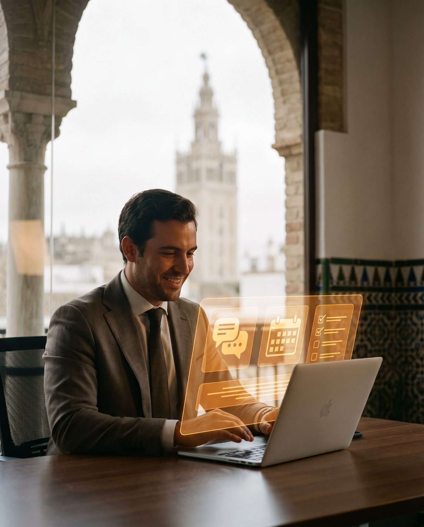 Empresa usando un agente de IA con hologramas naranjas de chat, agenda y tareas, con vistas a la Giralda de Sevilla
