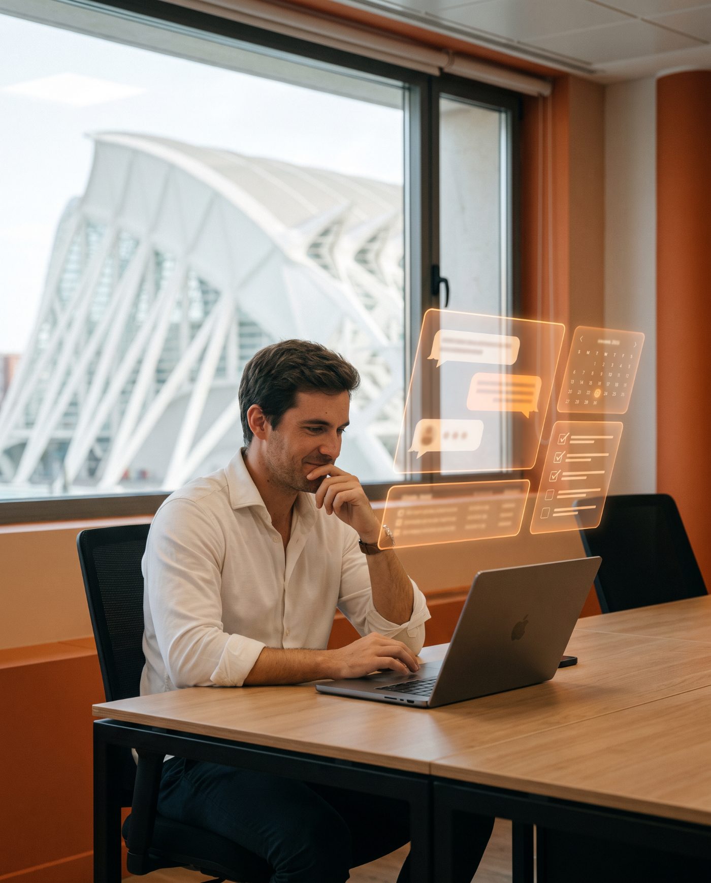 Empresa usando un agente de IA con hologramas naranjas de chat, agenda y tareas, con vistas a la Ciudad de las Artes y las Ciencias de Valencia
