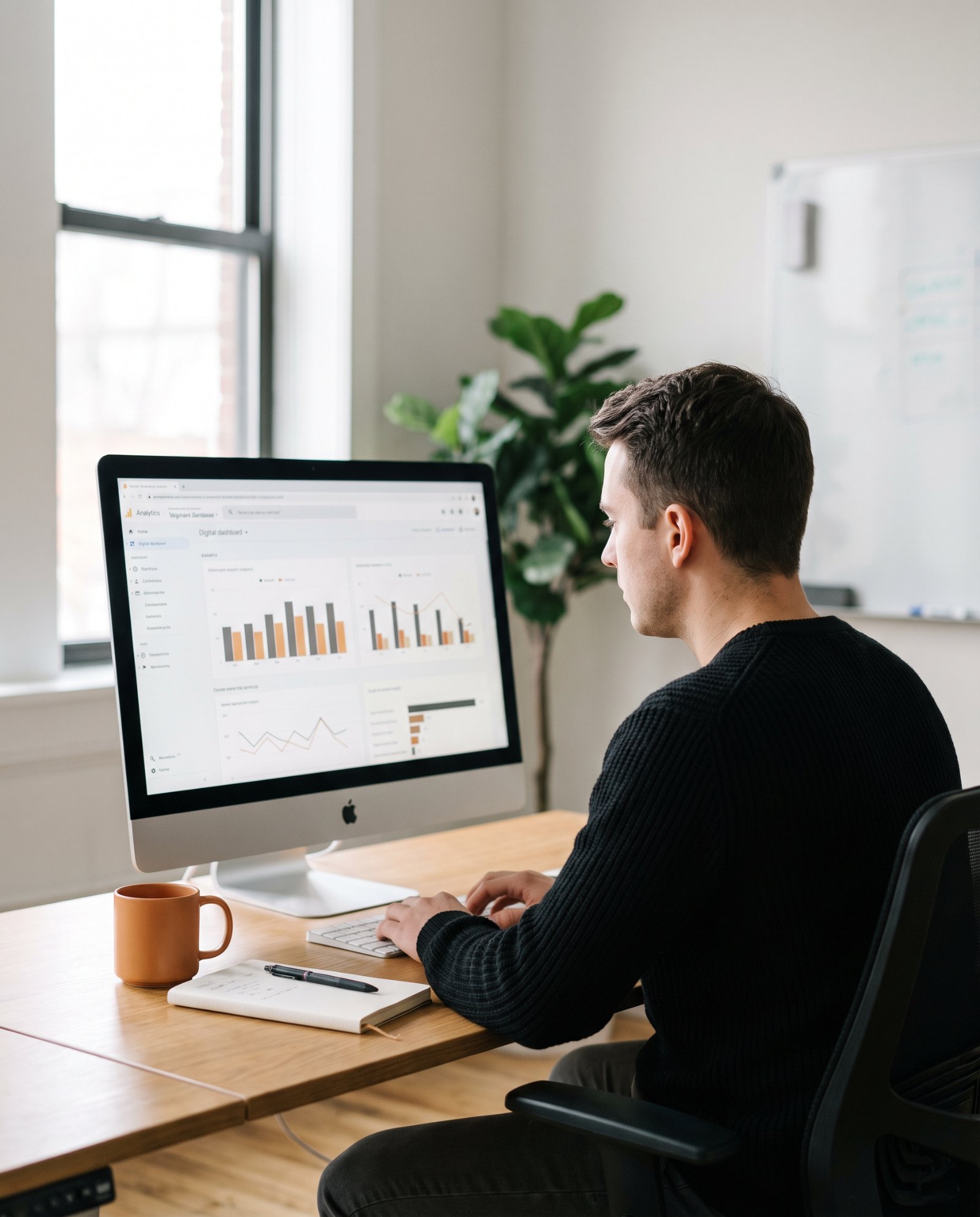Analista de marketing revisando un panel de datos para una auditoría GEO