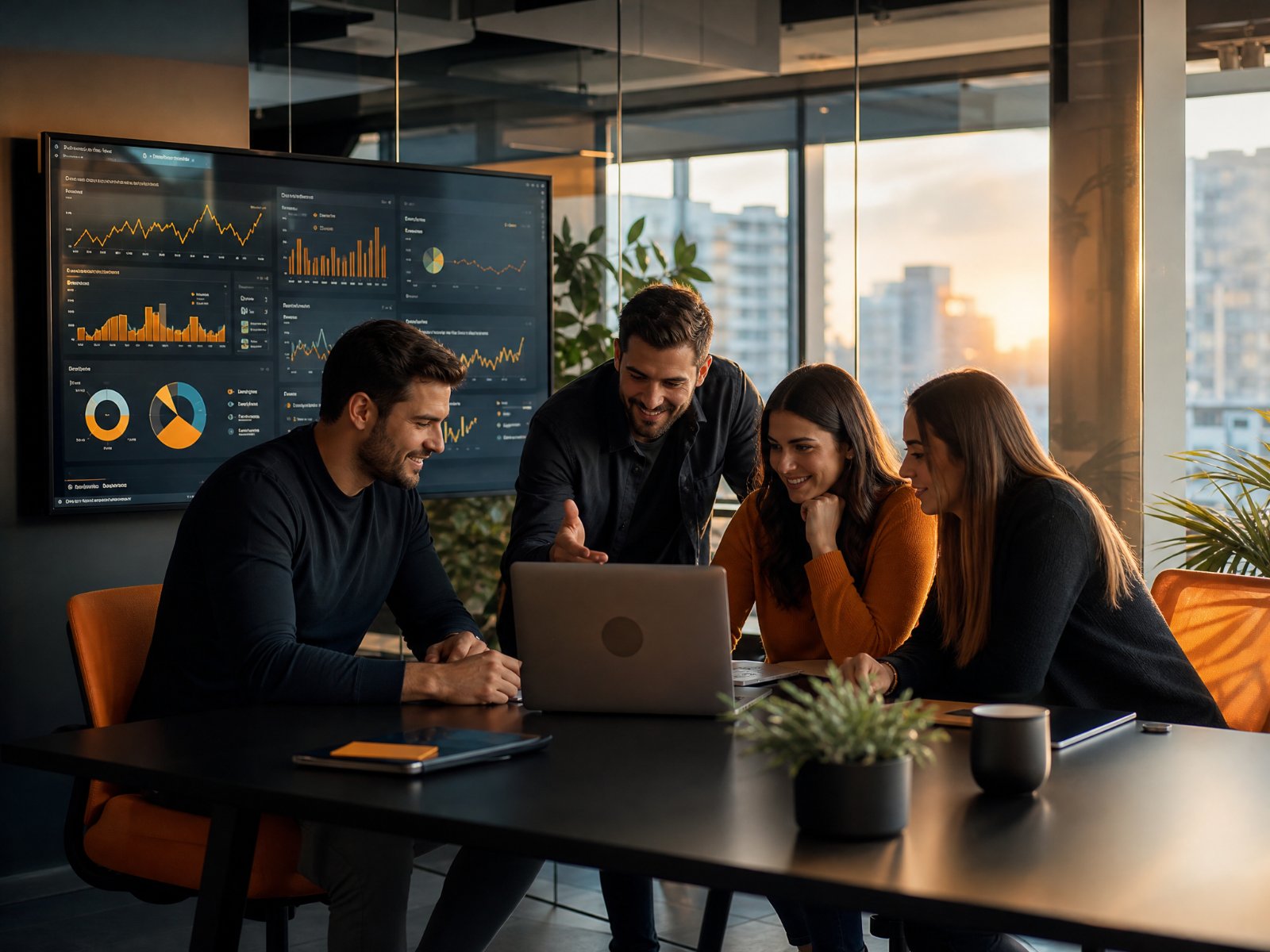 Equipo de expertos en SEO y marketing digital trabajando en una oficina moderna
