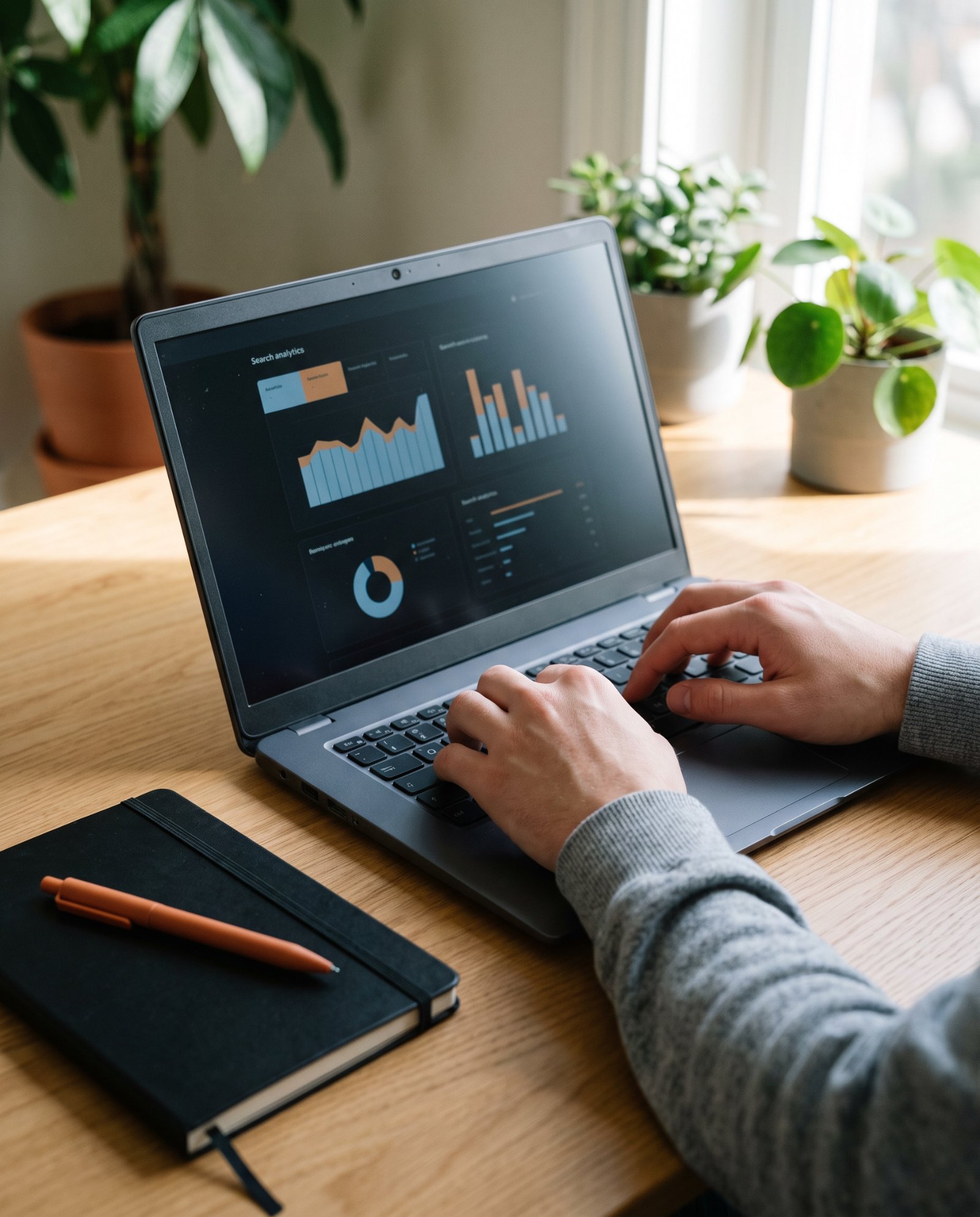 Manos trabajando en un portátil con analítica de posicionamiento SEO