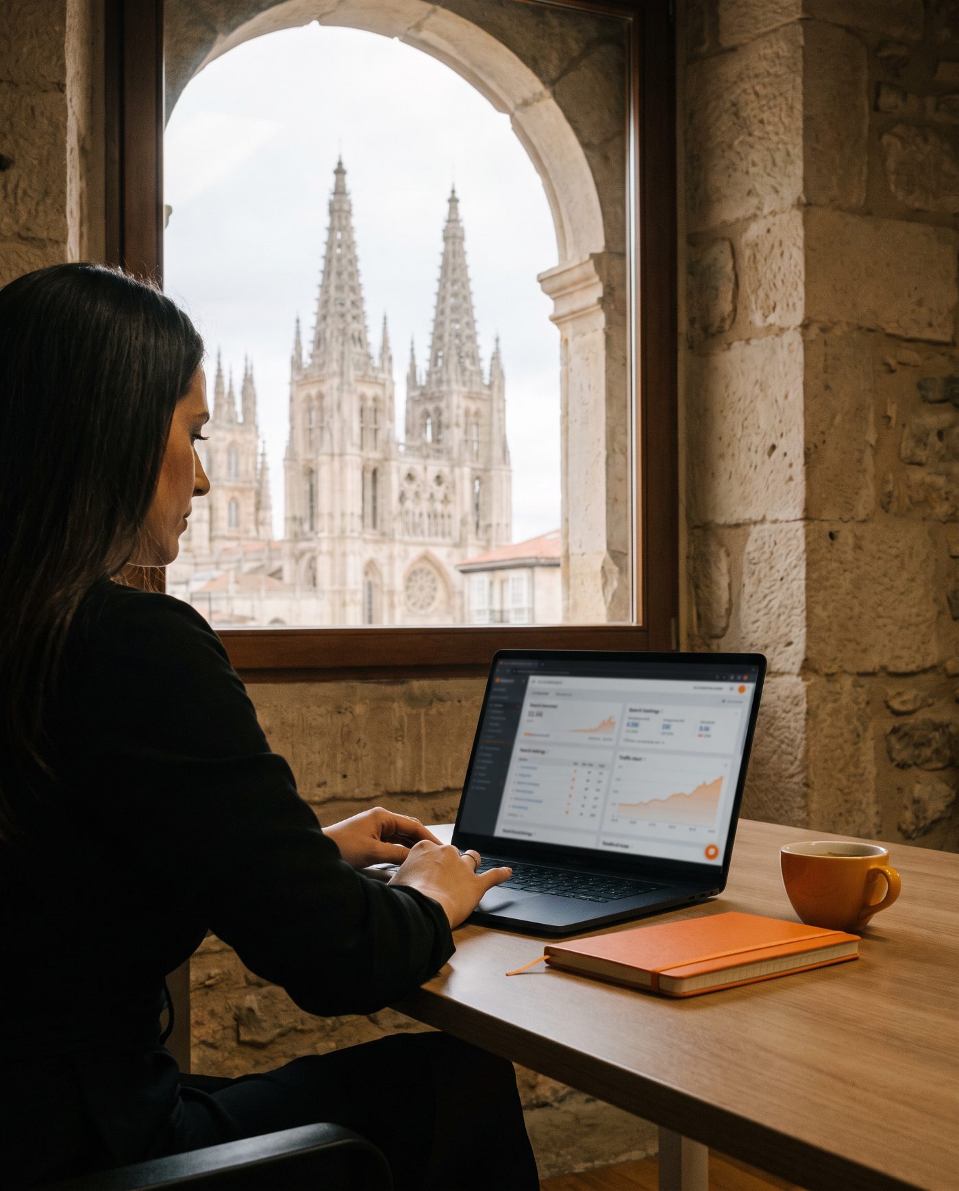 Consultora SEO trabajando en el posicionamiento en Google de un negocio con vistas a la catedral de Burgos