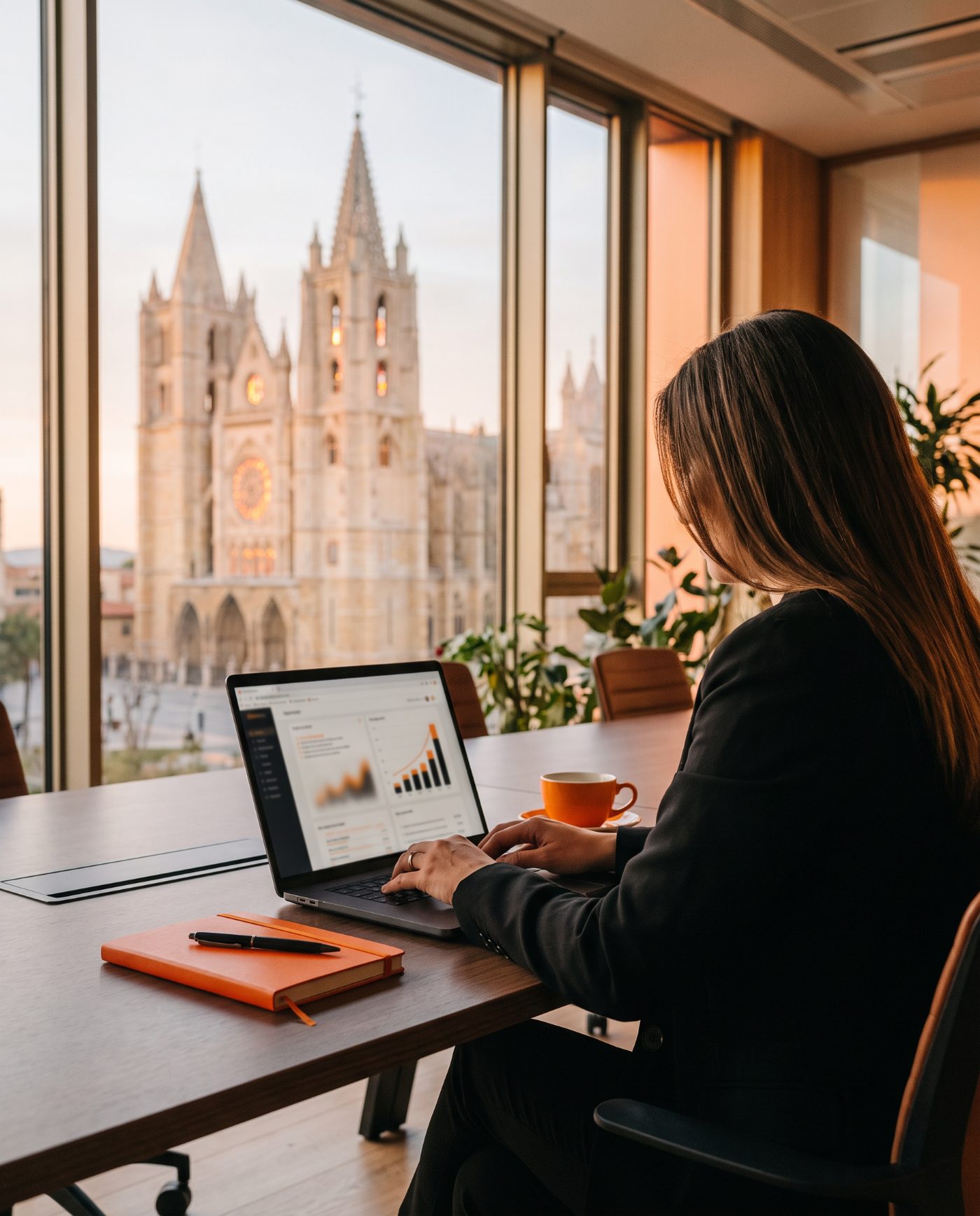 Consultora SEO trabajando en el posicionamiento en Google de un negocio con vistas a la catedral de León