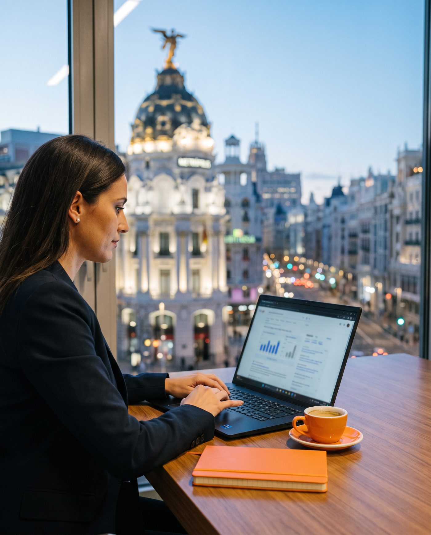 Consultora SEO trabajando en el posicionamiento en Google de un negocio con vistas a la Gran Vía de Madrid