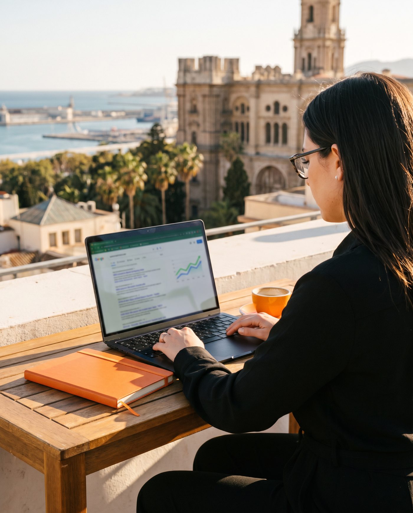 Consultora SEO trabajando en el posicionamiento en Google de un negocio con vistas a la catedral y el puerto de Málaga