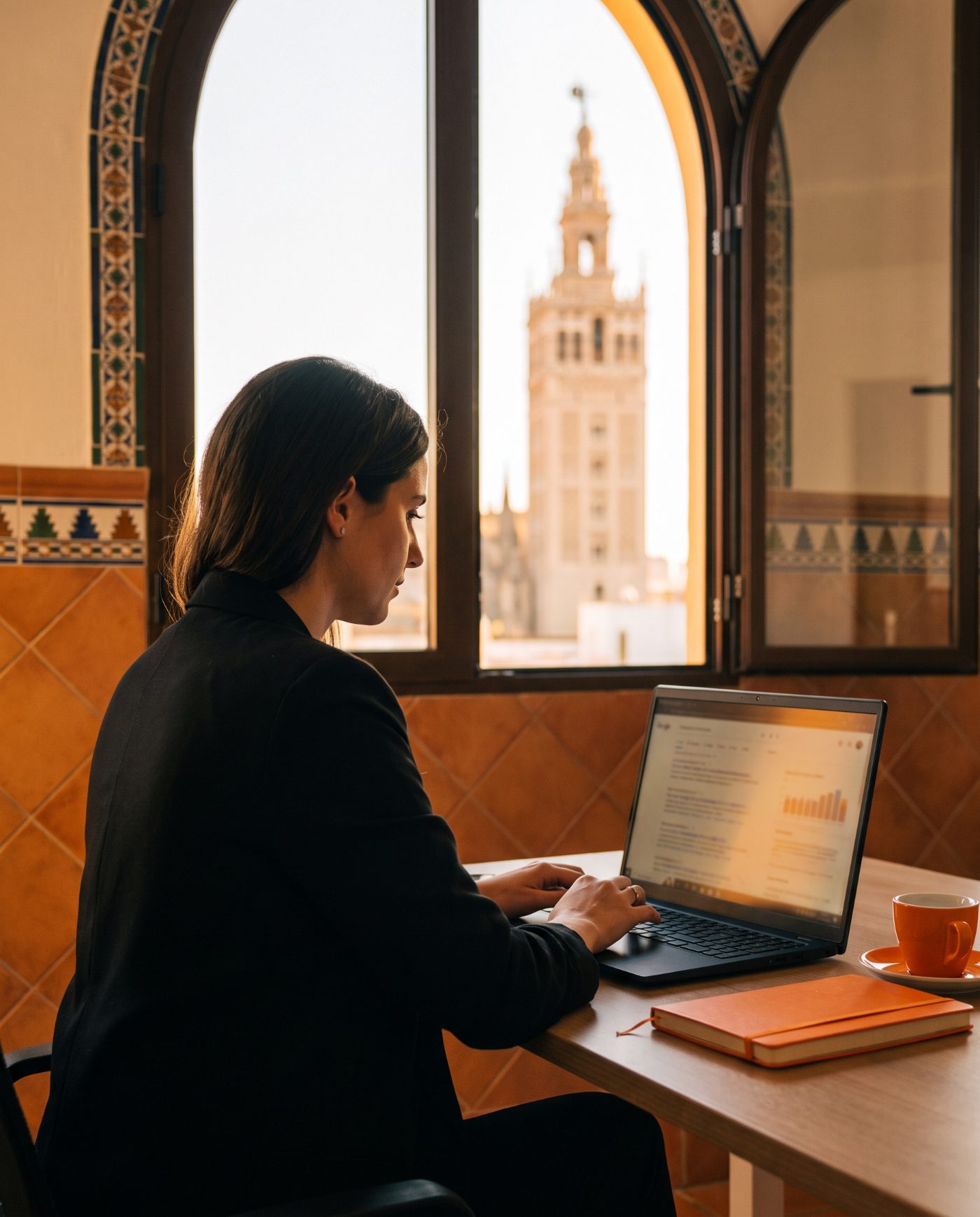 Consultora SEO trabajando en el posicionamiento en Google de un negocio con vistas a la Giralda de Sevilla